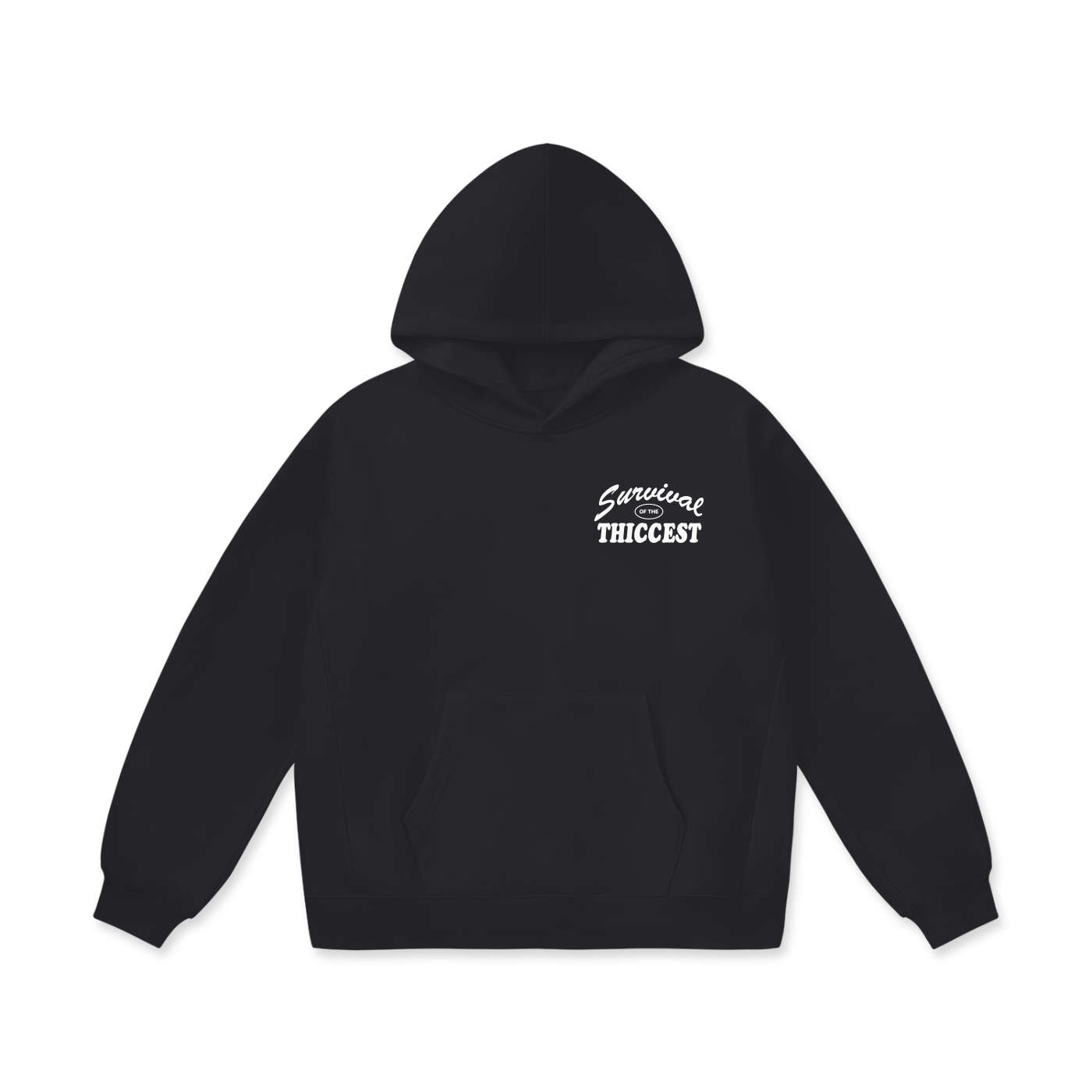 Black hoodie with a logo on the chest against a white background